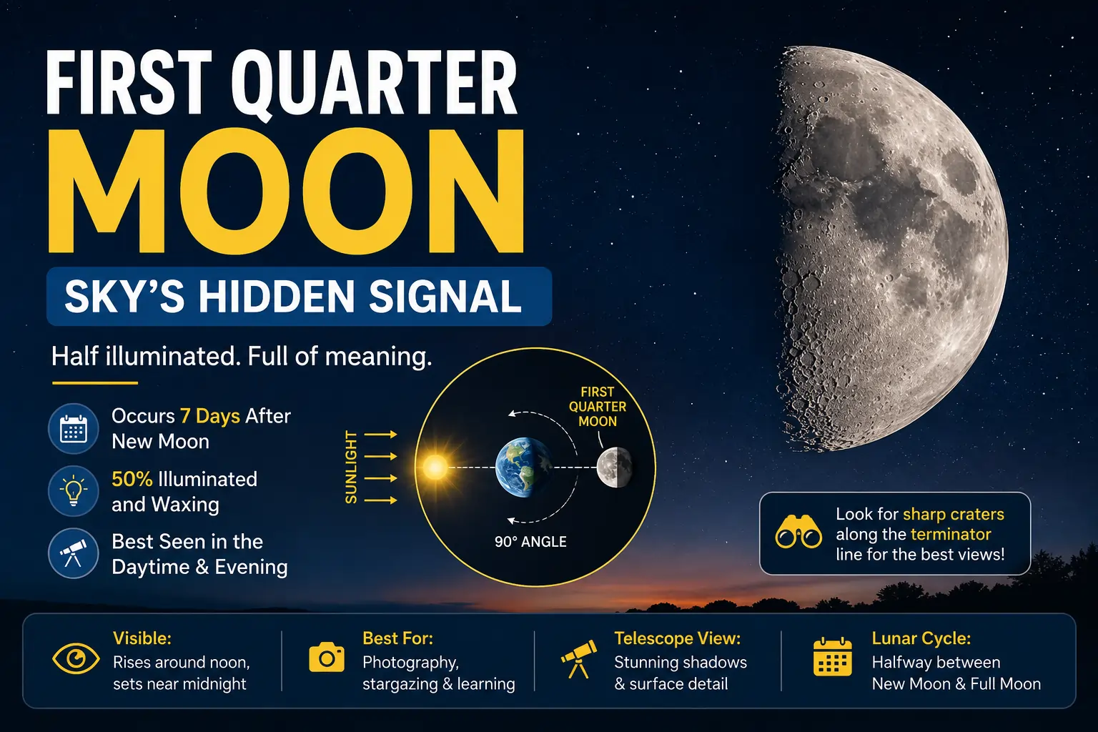 First Quarter Moon phase showing a half-illuminated waxing Moon in the night sky