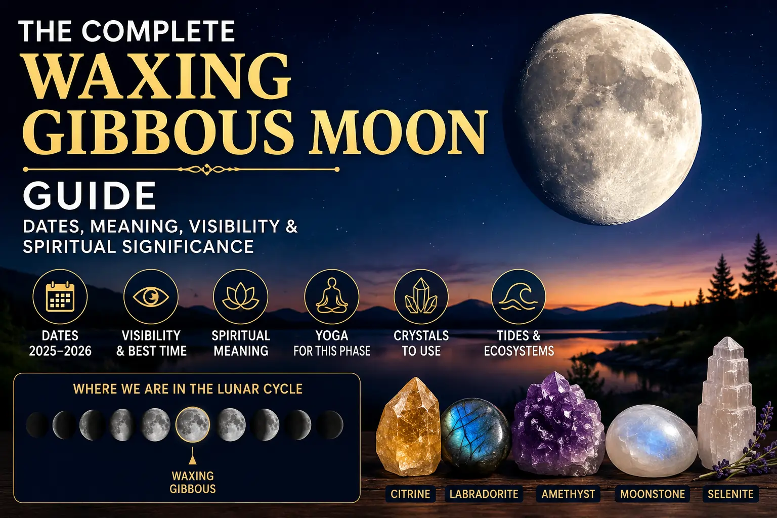 Waxing Gibbous Moon Guide infographic showing the Waxing Gibbous phase, lunar cycle, visibility, spiritual meaning, 2025–2026 dates, yoga poses, and crystals under a starry night sky.