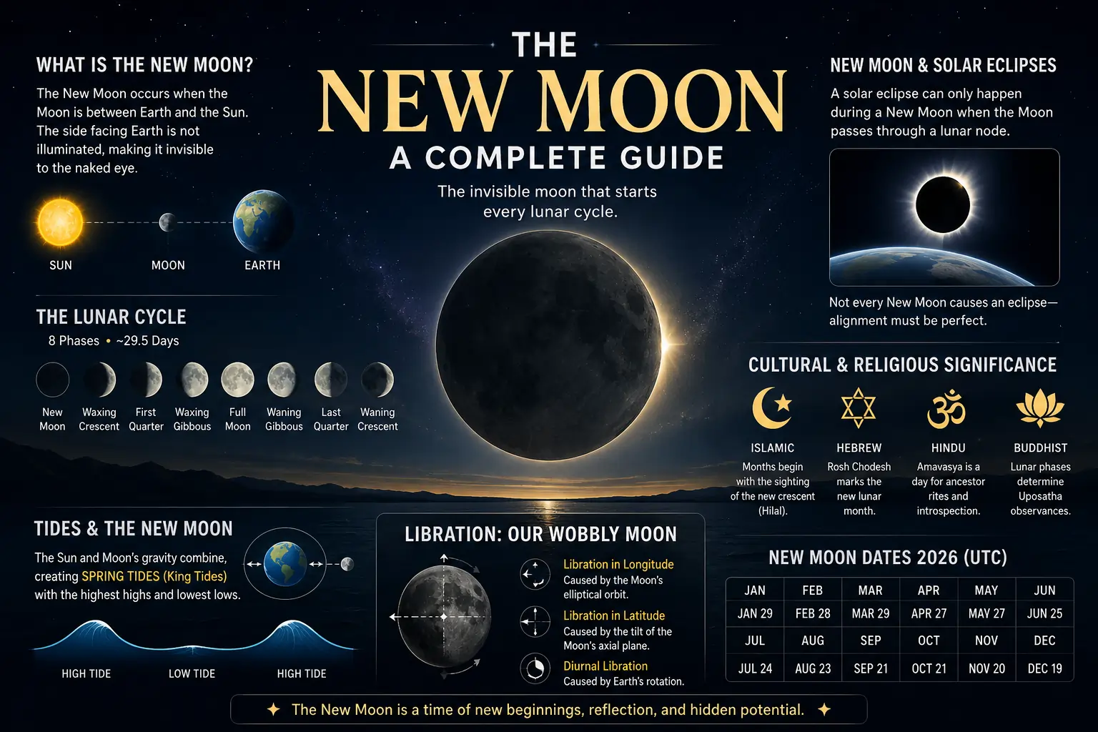 Illustration showing the New Moon phase, lunar cycle, solar eclipse alignment, tides, and 2026 New Moon calendar.