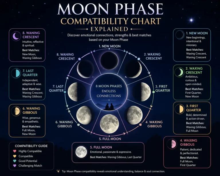 Moon Phase Compatibility Chart Explained infographic showing all 8 moon phases, their personality traits, emotional meanings, and the best compatibility matches for relationships.