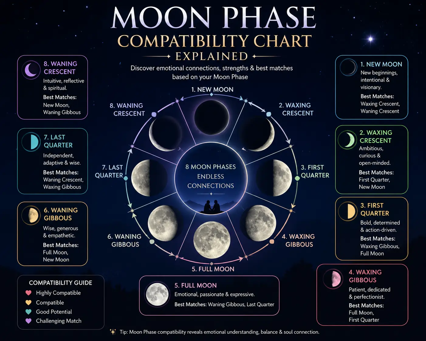 Moon Phase Compatibility Chart Explained infographic showing all 8 moon phases, their personality traits, emotional meanings, and the best compatibility matches for relationships.